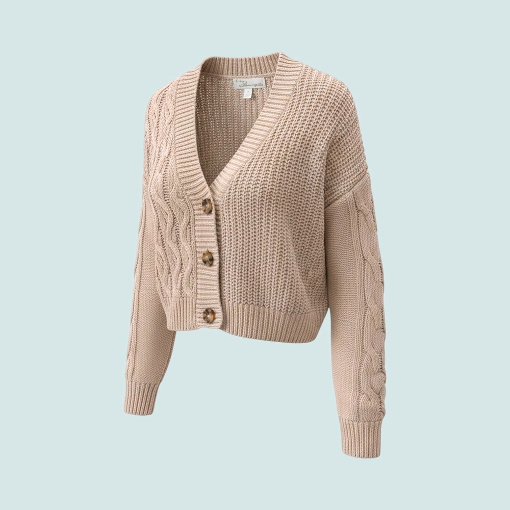 Vintage Havana Tan Cable Knit Cropped Cardigan Sweater Beige V-Neck Small
